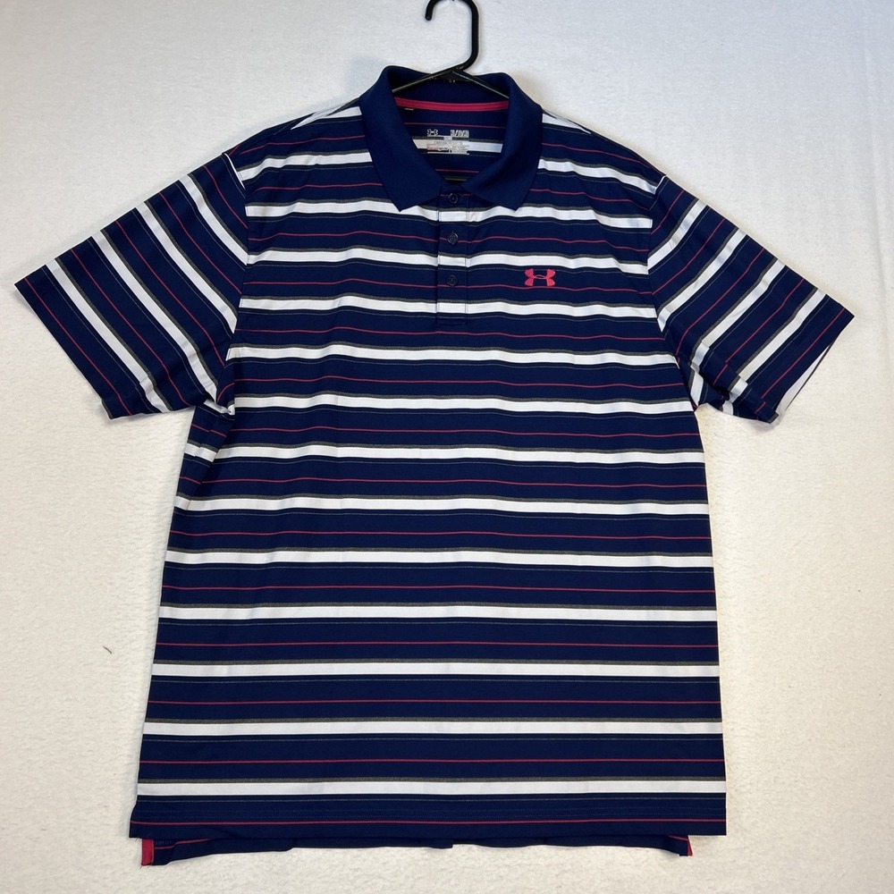 Under Armour Polo Shirt Mens XL Blue Golf Striped Heatgear Loose Performance